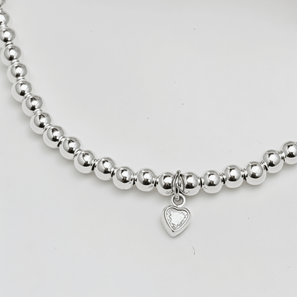 Heart charm sterling silver bead bracelet with crystal detail and polished silver beads – MXW Jewellery