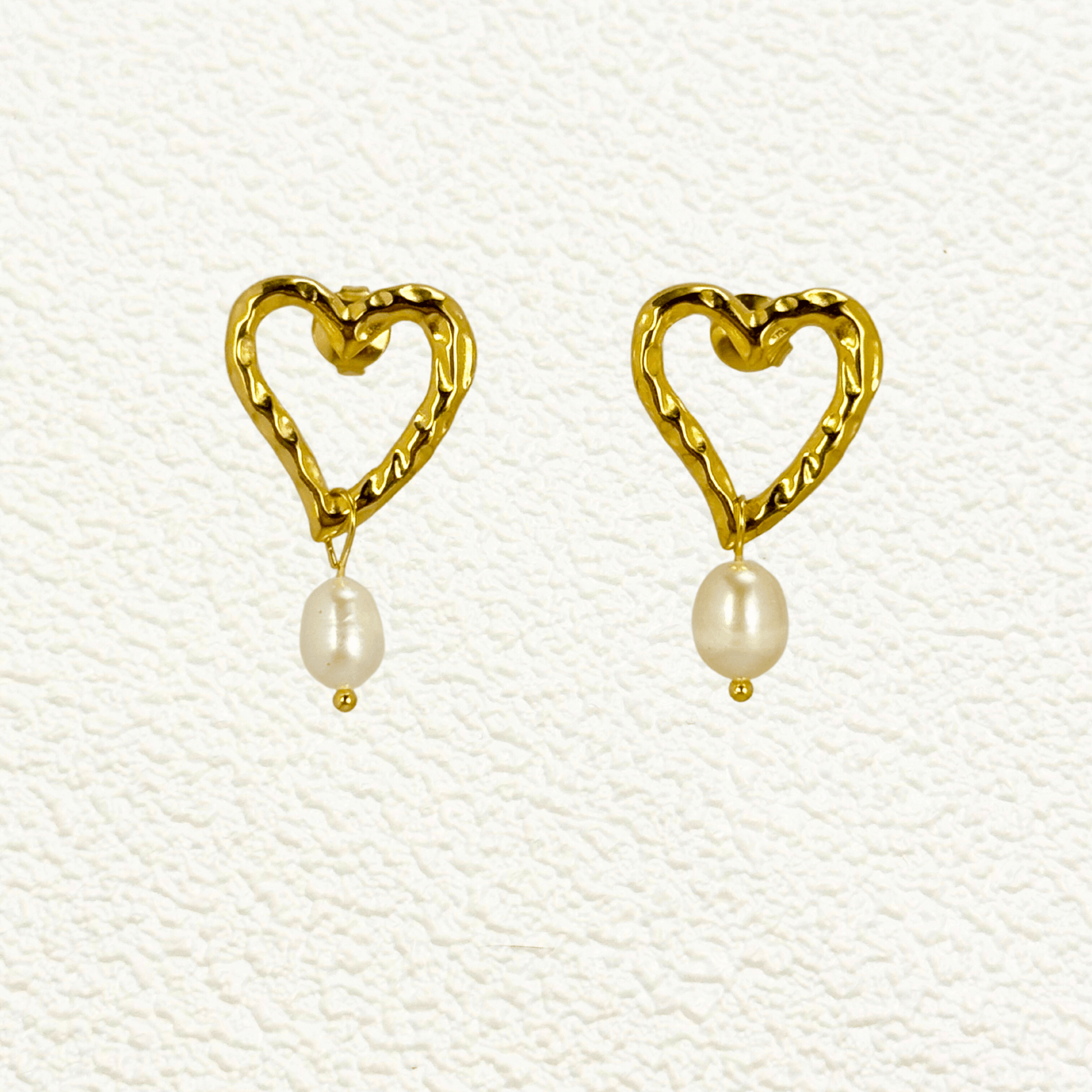 Gold hammered open-heart earrings with natural freshwater pearl drops, made from PVD gold plated stainless steel