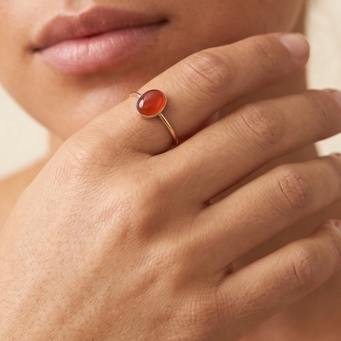 MXW natural oval carnelian July birthstone stacking ring in 14K gold-filled metal