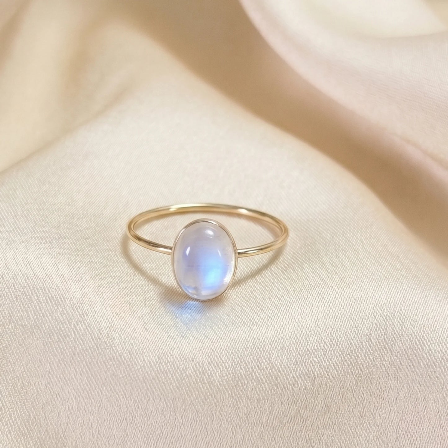 MXW natural oval rainbow moonstone June birthstone stacking ring in 14K gold-filled metal
