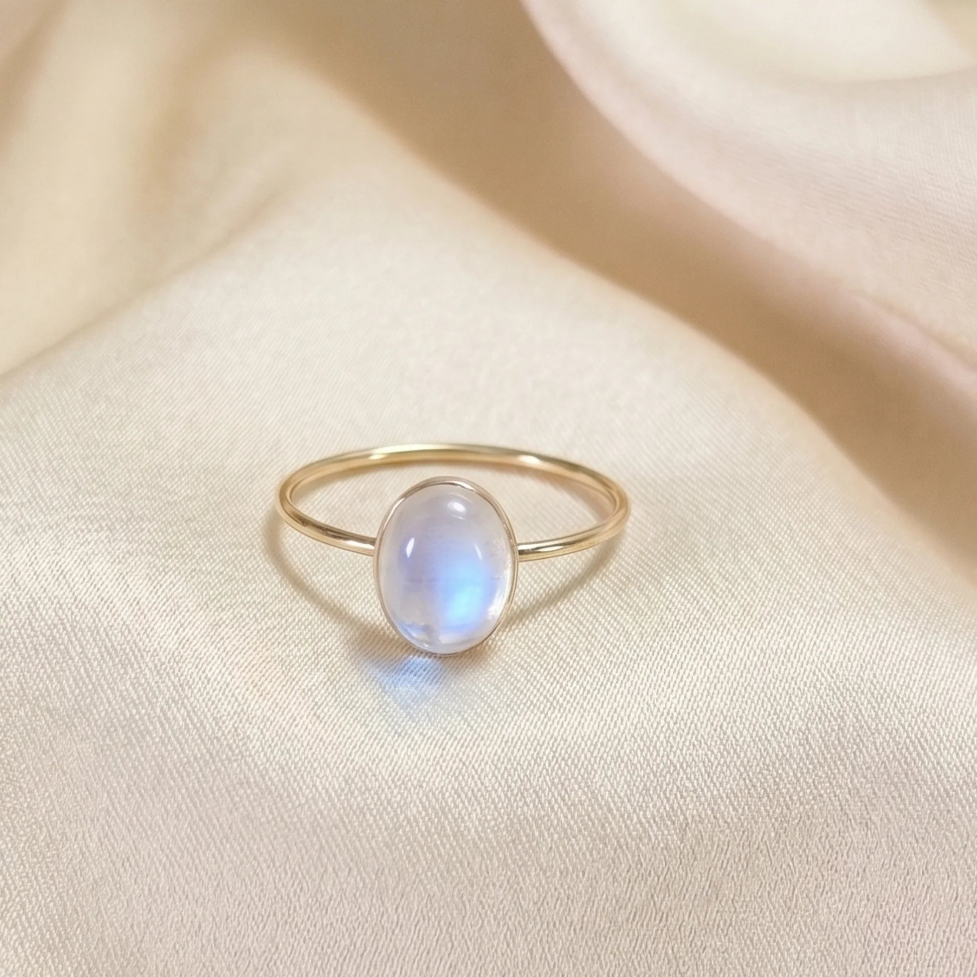 MXW natural oval rainbow moonstone June birthstone stacking ring in 14K gold-filled metal