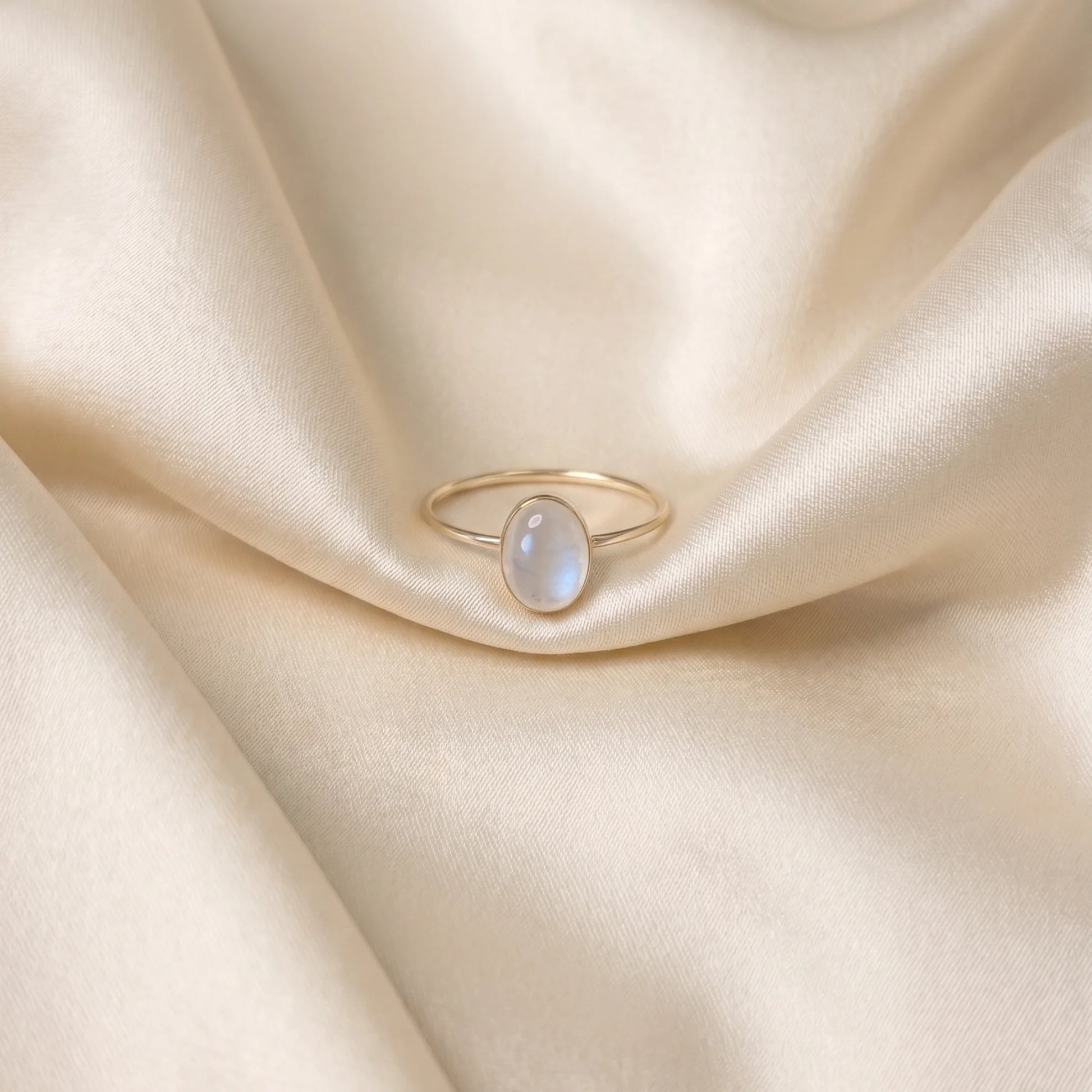 MXW natural oval rainbow moonstone June birthstone stacking ring in 14K gold-filled metal
