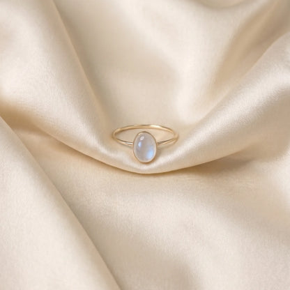 MXW natural oval rainbow moonstone June birthstone stacking ring in 14K gold-filled metal