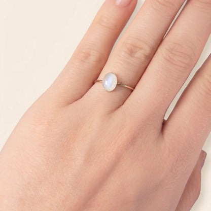 MXW natural oval rainbow moonstone June birthstone stacking ring in 14K gold-filled metal