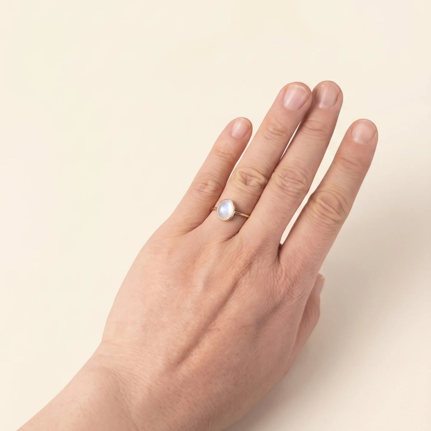 MXW natural oval rainbow moonstone June birthstone stacking ring in 14K gold-filled metal