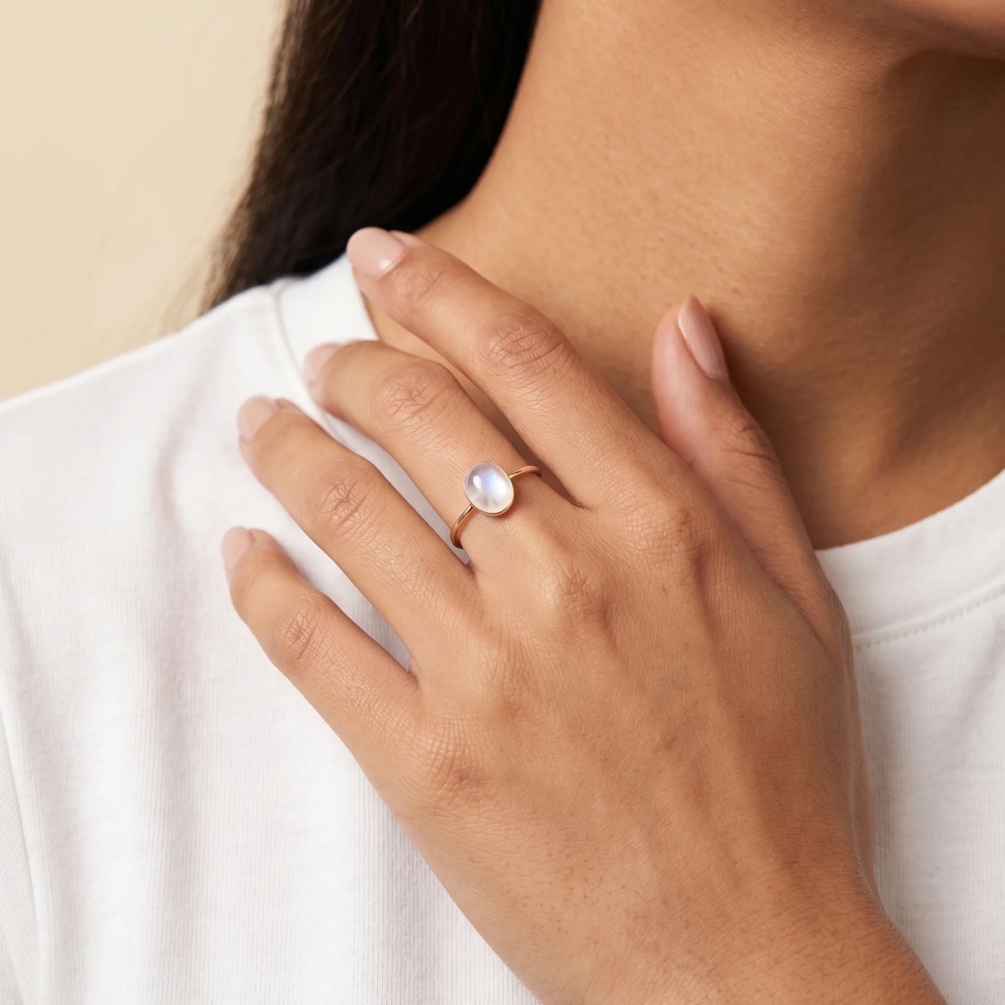 MXW natural oval rainbow moonstone June birthstone stacking ring in 14K gold-filled metal