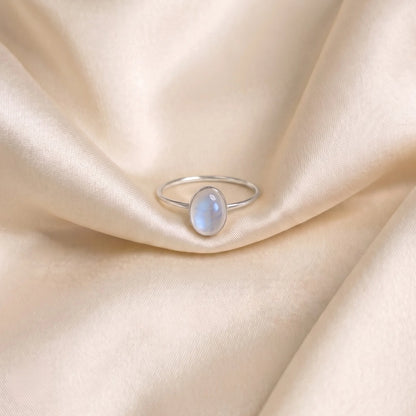 MXW natural oval rainbow moonstone June birthstone stacking ring in 925 sterling silver metal