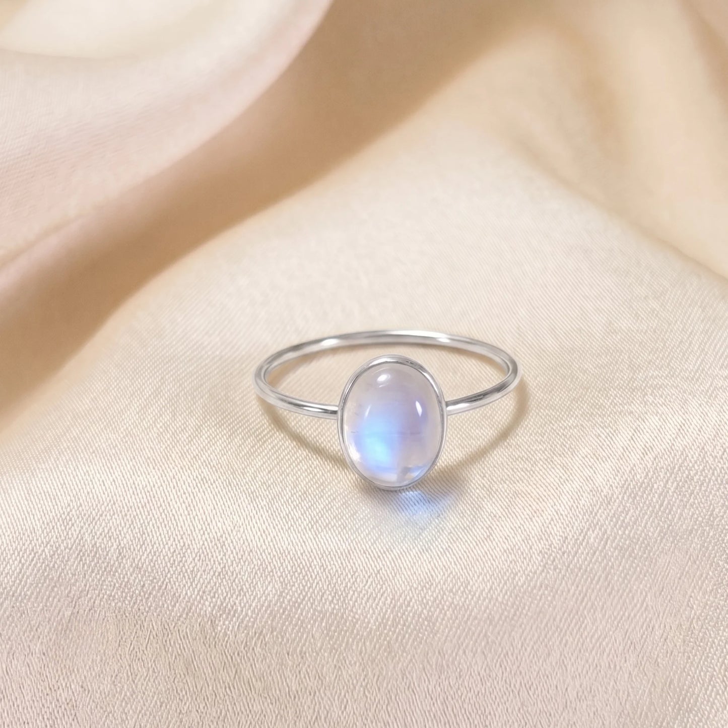 MXW natural oval rainbow moonstone June birthstone stacking ring in 925 sterling silver metal