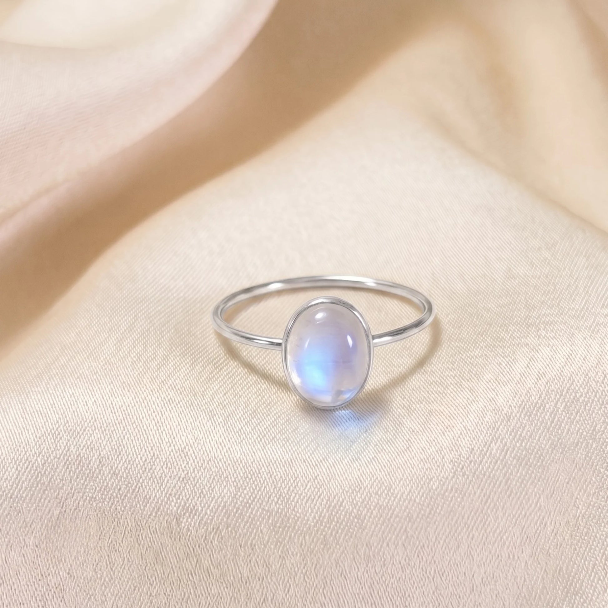 MXW natural oval rainbow moonstone June birthstone stacking ring in 925 sterling silver metal