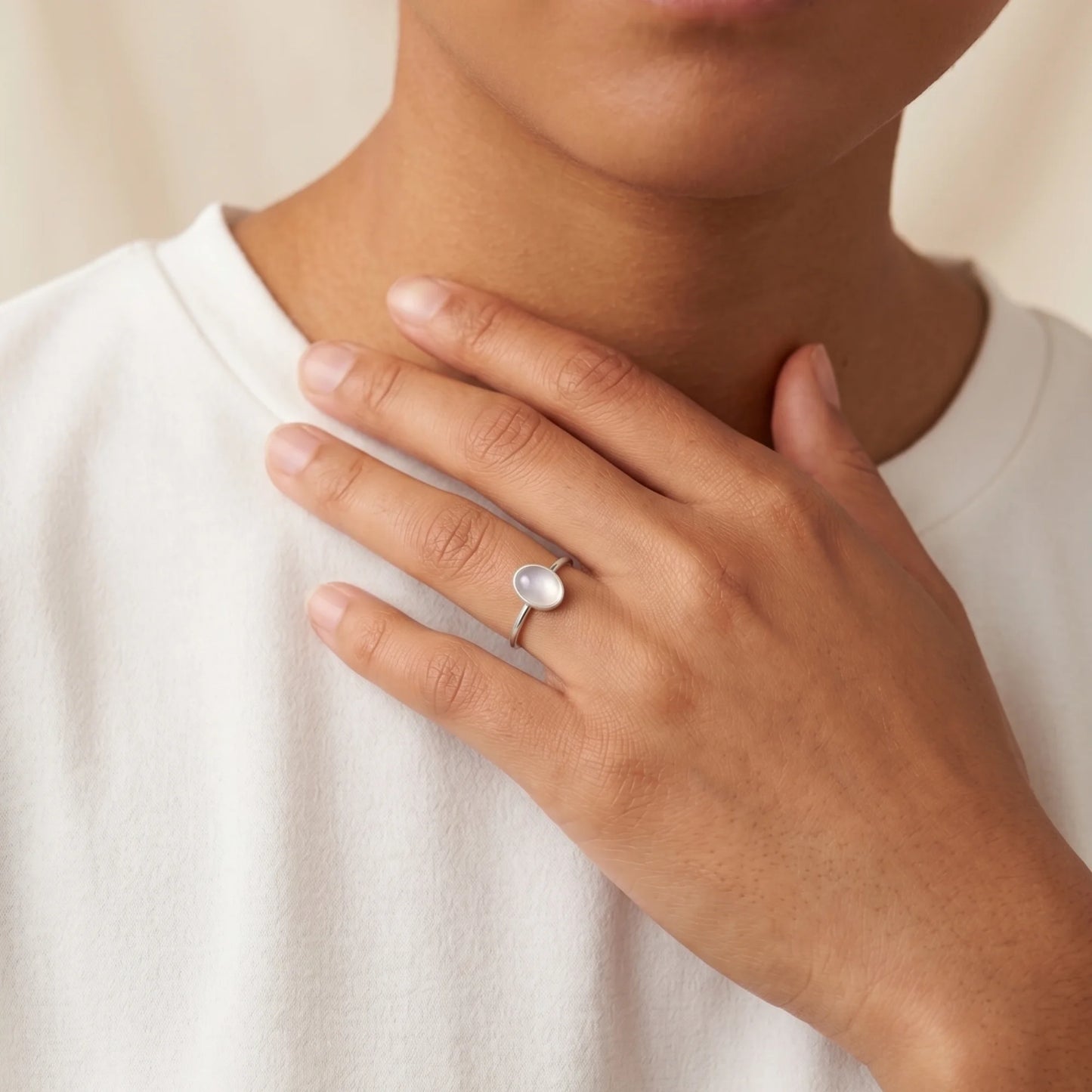 MXW natural oval rainbow moonstone June birthstone stacking ring in 925 sterling silver metal