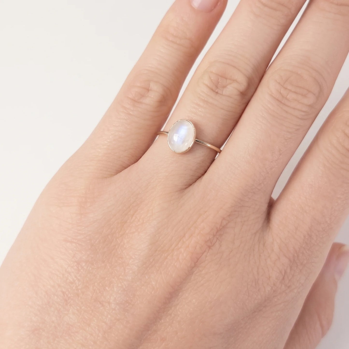 MXW natural oval rainbow moonstone June birthstone stacking ring in 925 sterling silver metal