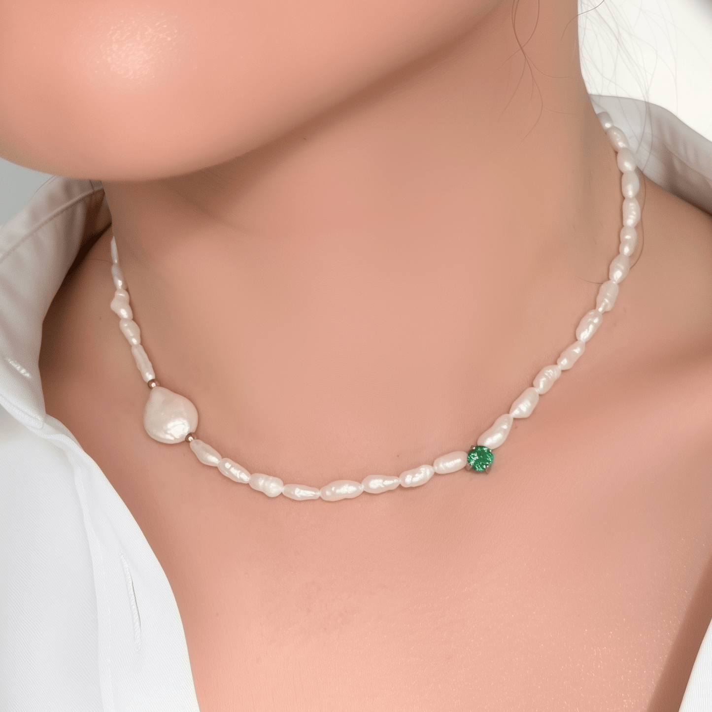 Handmade necklace with Keshi and baroque pearls, accented by a Swarovski crystal element in a birthstone-inspired color, with gold or silver findings.