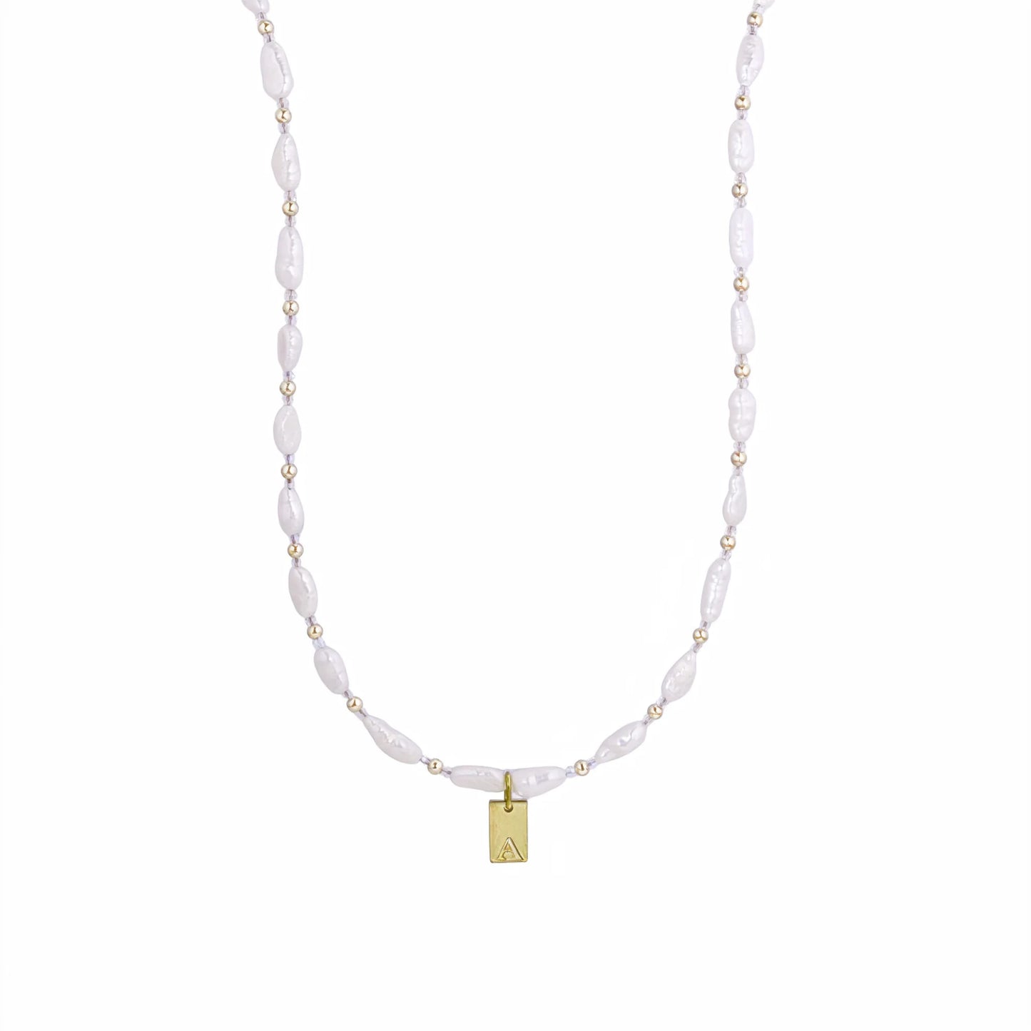 Keshi freshwater pearl and 14K gold filled beaded necklace with Swarovski crystal accents and personalised gold initial tag, hand-finished in Australia
