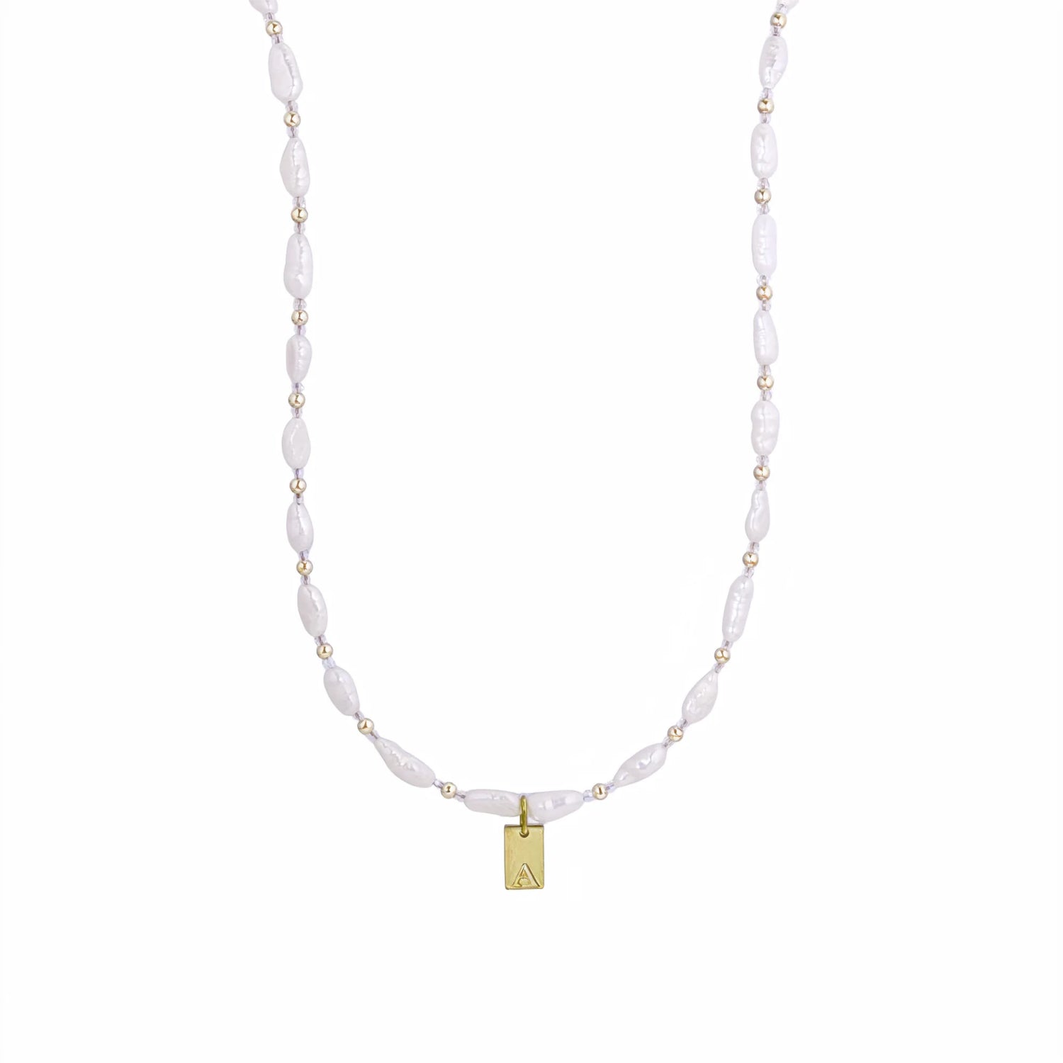 Keshi freshwater pearl and 14K gold filled beaded necklace with Swarovski crystal accents and personalised gold initial tag, hand-finished in Australia