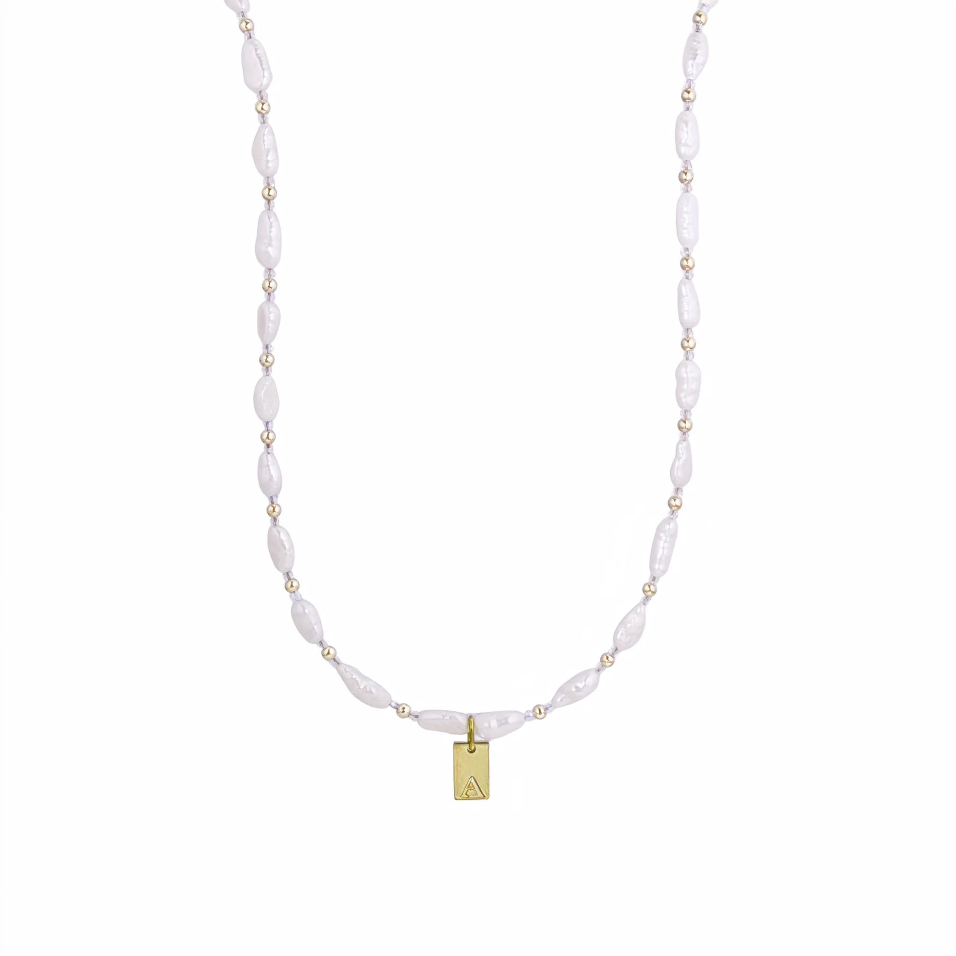 Keshi freshwater pearl and 14K gold filled beaded necklace with Swarovski crystal accents and personalised gold initial tag, hand-finished in Australia