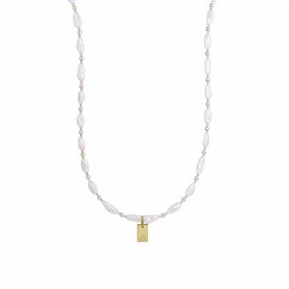Keshi freshwater pearl and 14K gold filled beaded necklace with Swarovski crystal accents and personalised gold initial tag, hand-finished in Australia