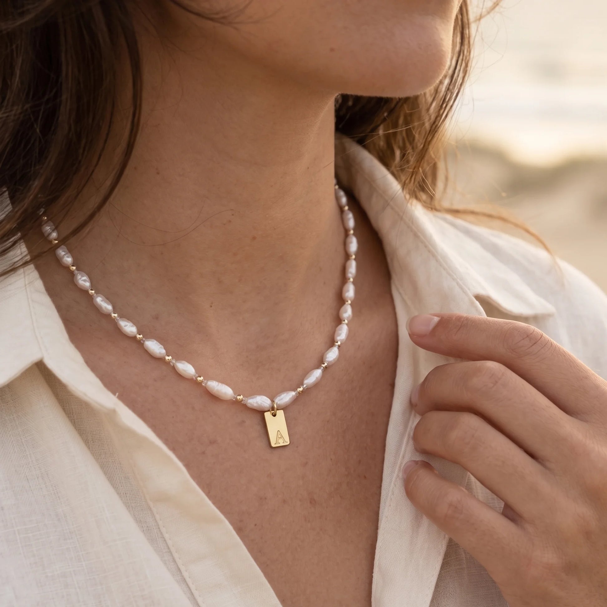 Keshi freshwater pearl and 14K gold filled beaded necklace with Swarovski crystal accents and personalised gold initial tag, hand-finished in Australia