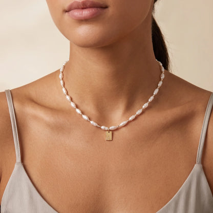 Keshi freshwater pearl and 14K gold filled beaded necklace with Swarovski crystal accents and personalised gold initial tag, hand-finished in Australia