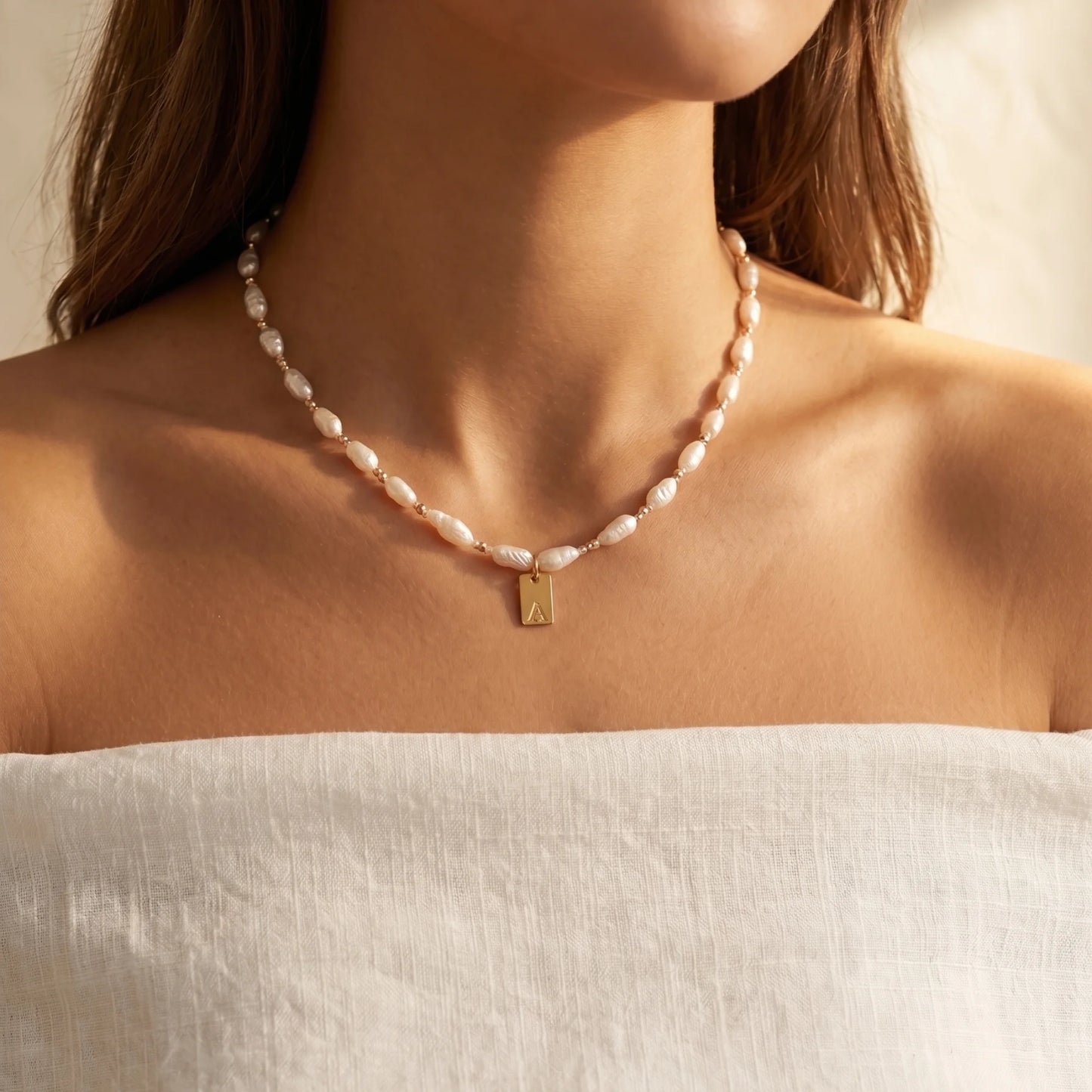 Keshi freshwater pearl and 14K gold filled beaded necklace with Swarovski crystal accents and personalised gold initial tag, hand-finished in Australia