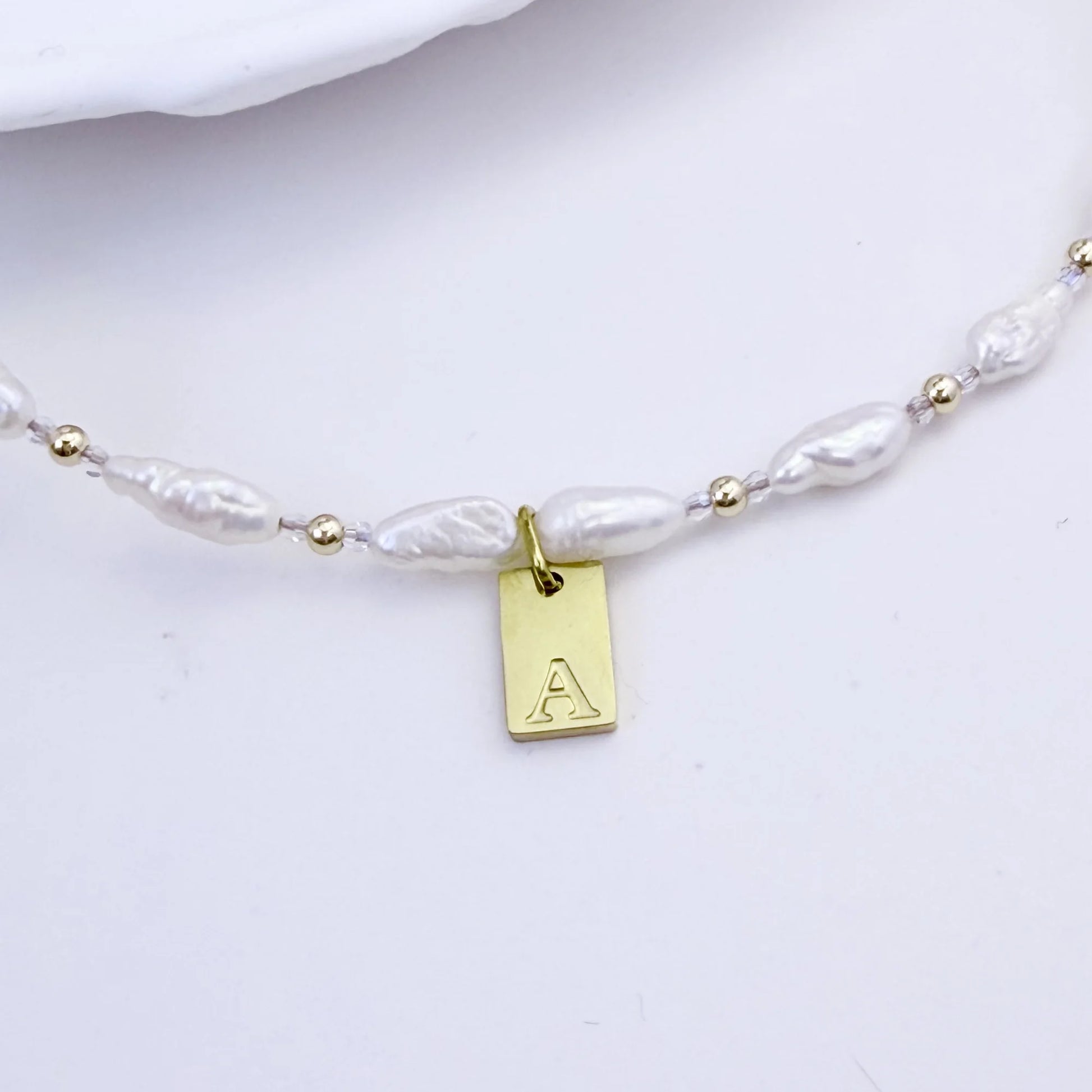 Keshi freshwater pearl and 14K gold filled beaded necklace with Swarovski crystal accents and personalised gold initial tag, hand-finished in Australia