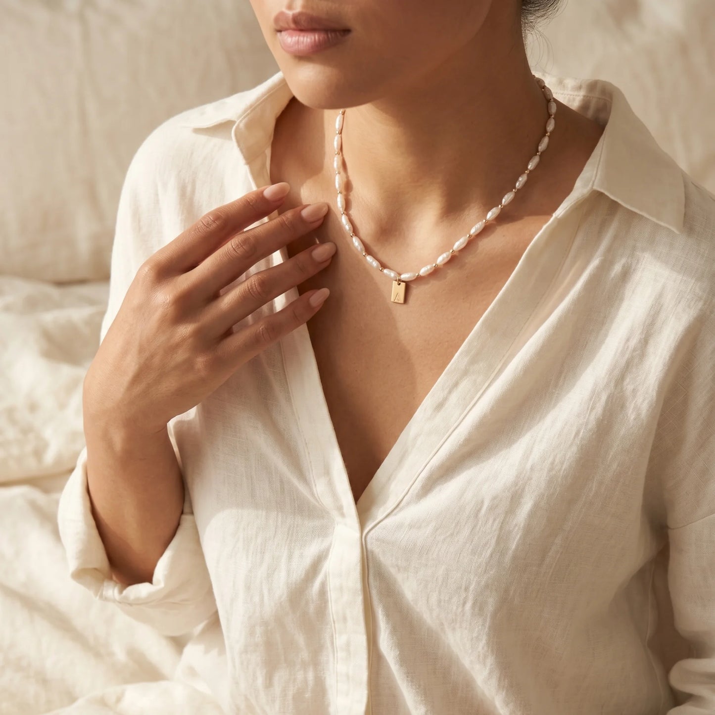 Keshi freshwater pearl and 14K gold filled beaded necklace with Swarovski crystal accents and personalised gold initial tag, hand-finished in Australia