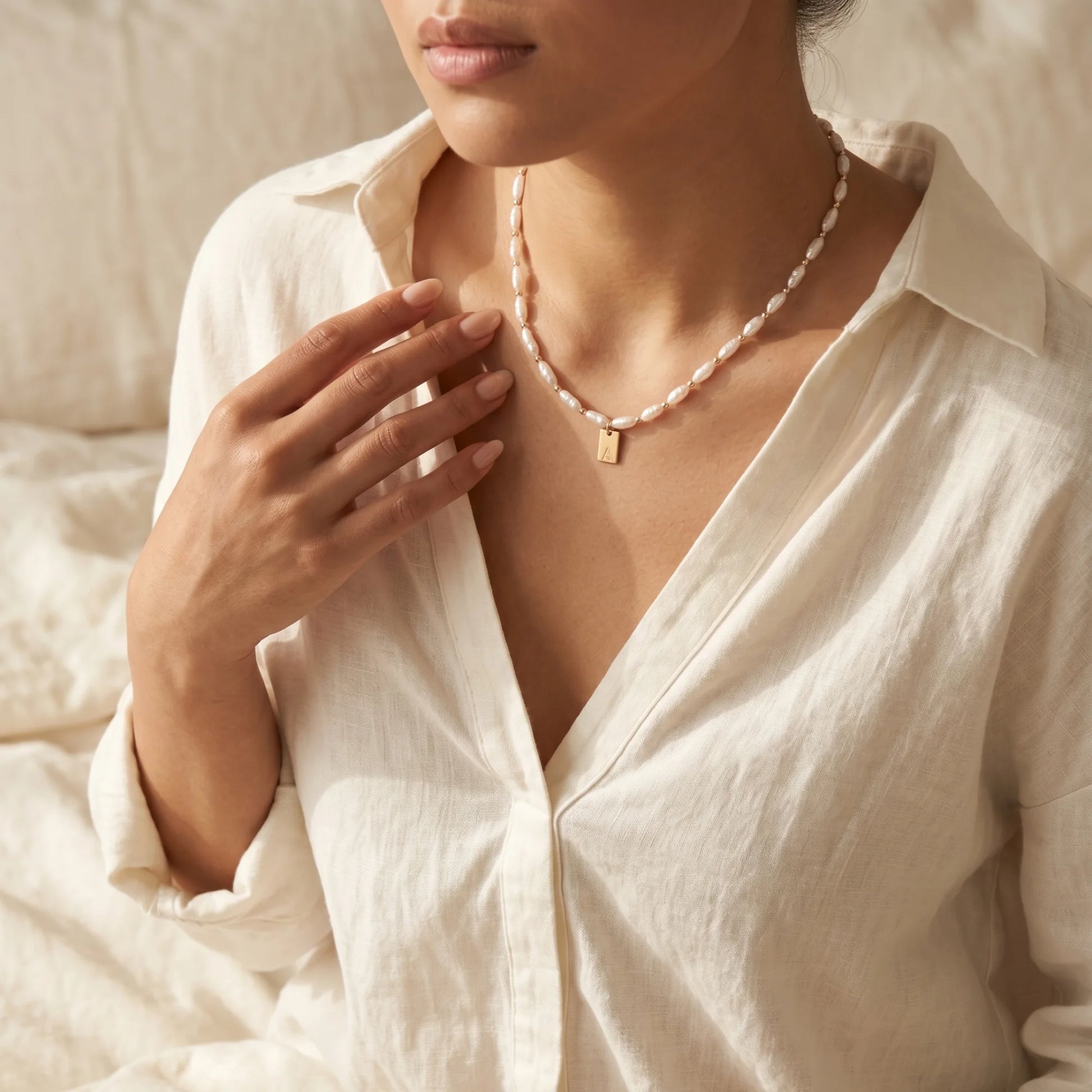 Keshi freshwater pearl and 14K gold filled beaded necklace with Swarovski crystal accents and personalised gold initial tag, hand-finished in Australia