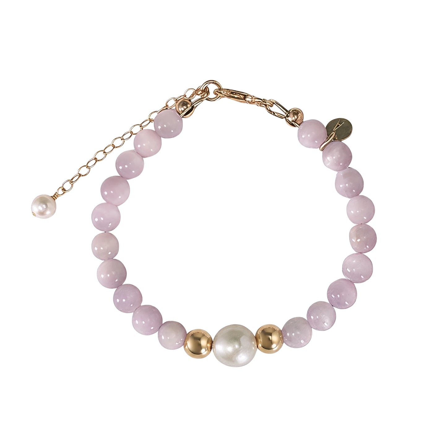 Kunzite, pearl and initial gold bracelet featuring translucent violet kunzite beads, lustrous freshwater pearls and a personalised gold-filled stamped initial disc.