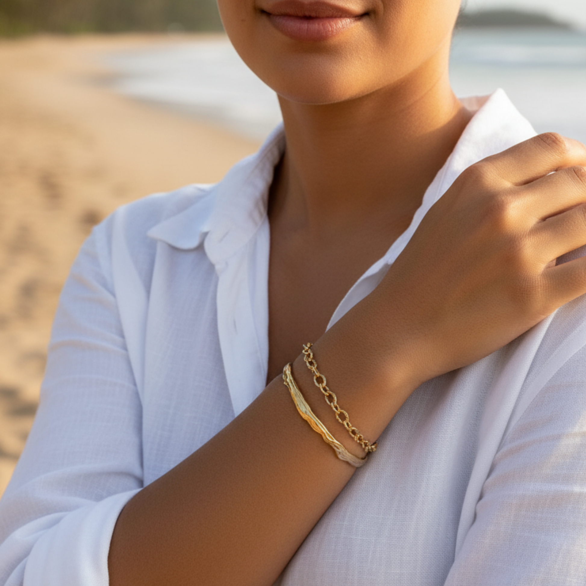 Gold textured cuff bracelet with molten, organic design.