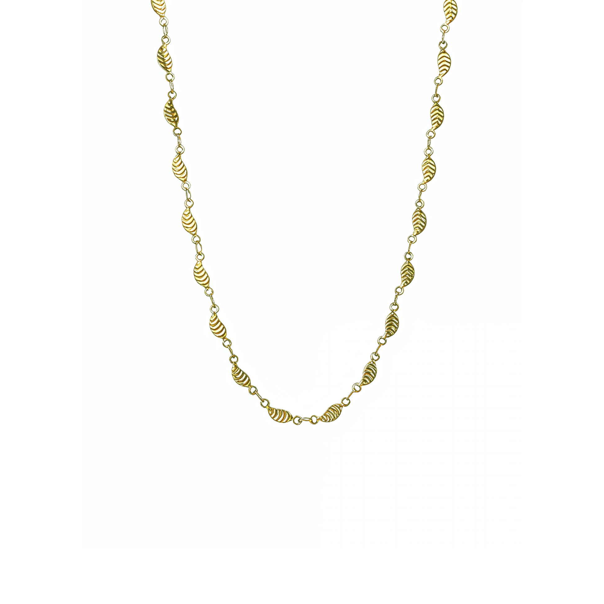 Elegant waterproof gold chain featuring textured leaf links with a minimalist, nature-inspired design