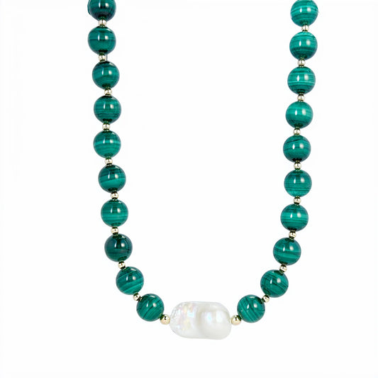 Natural malachite and 14K gold filled beaded necklace with premium freshwater baroque pearl centrepiece, hand-finished in Australia