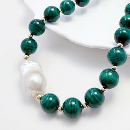 Natural malachite and 14K gold filled beaded necklace with premium freshwater baroque pearl centrepiece, hand-finished in Australia
