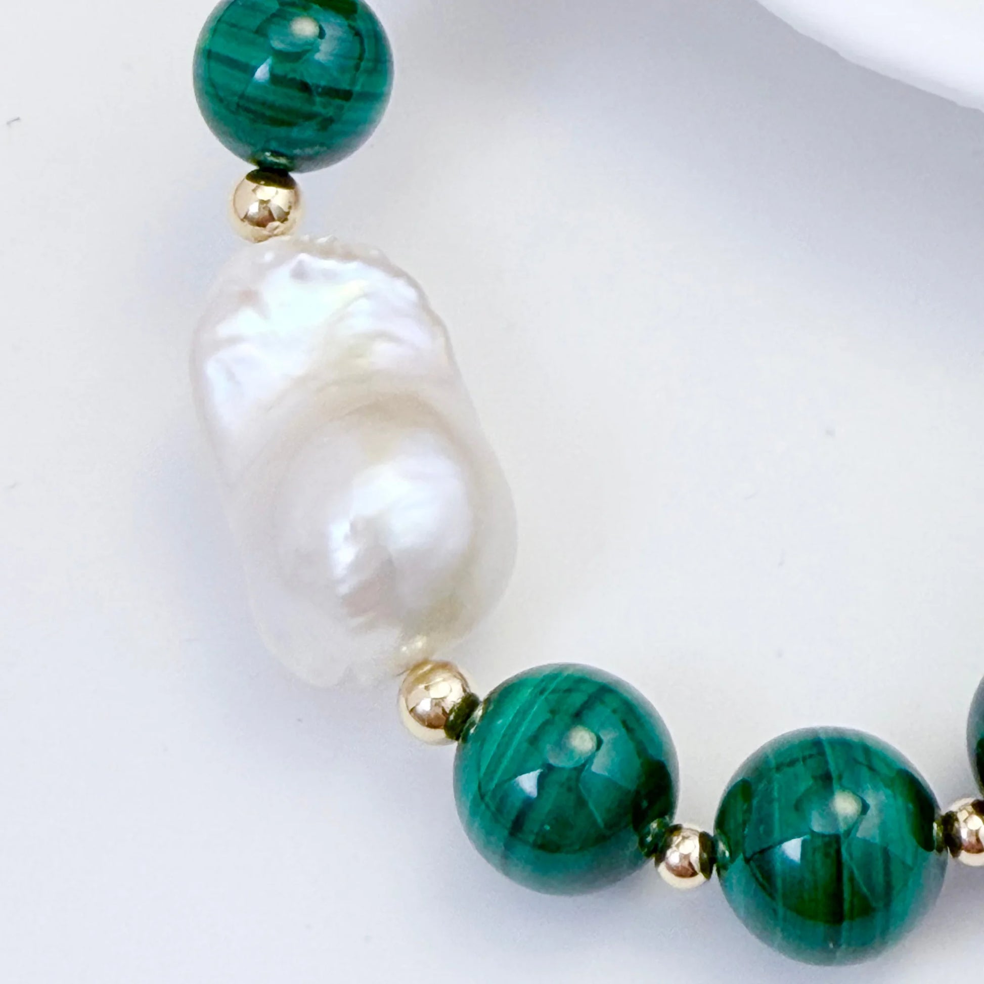 Natural malachite and 14K gold filled beaded necklace with premium freshwater baroque pearl centrepiece, hand-finished in Australia