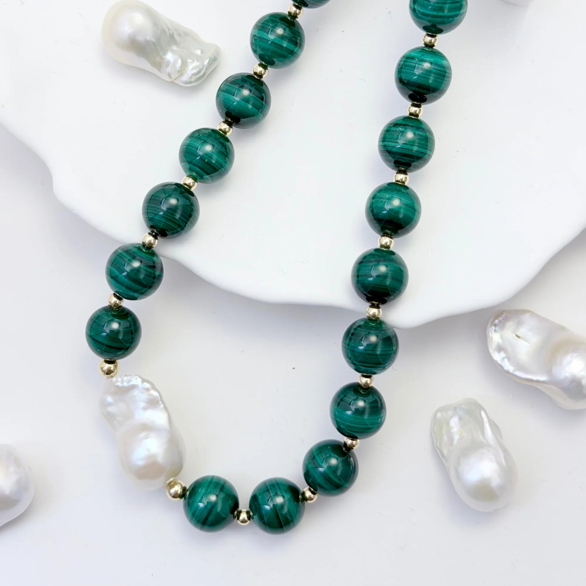 Natural malachite and 14K gold filled beaded necklace with premium freshwater baroque pearl centrepiece, hand-finished in Australia