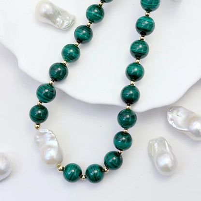 Natural malachite and 14K gold filled beaded necklace with premium freshwater baroque pearl centrepiece, hand-finished in Australia