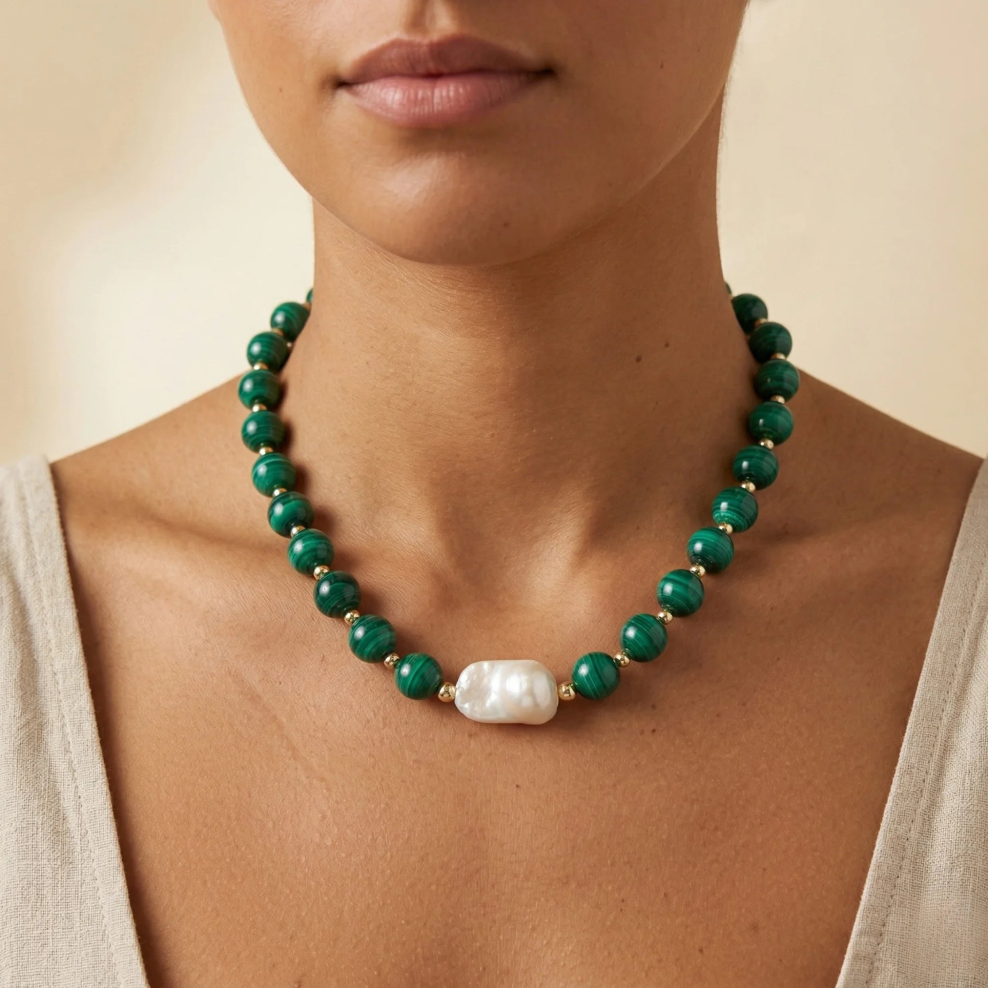 Natural malachite and 14K gold filled beaded necklace with premium freshwater baroque pearl centrepiece, hand-finished in Australia
