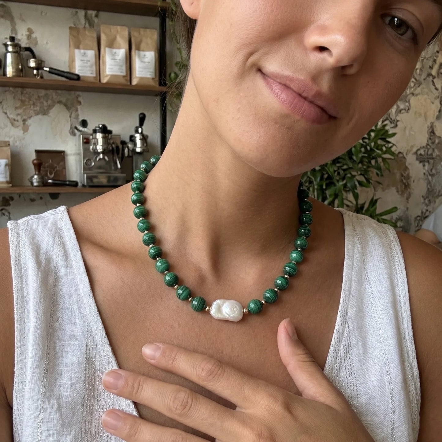 Natural malachite and 14K gold filled beaded necklace with premium freshwater baroque pearl centrepiece, hand-finished in Australia