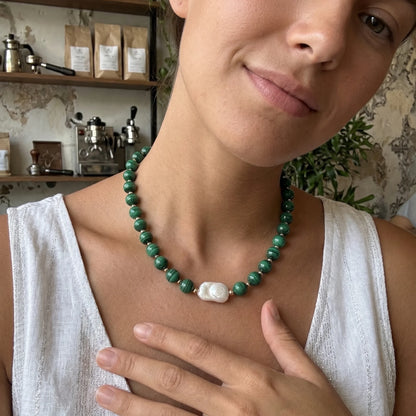 Natural malachite and 14K gold filled beaded necklace with premium freshwater baroque pearl centrepiece, hand-finished in Australia