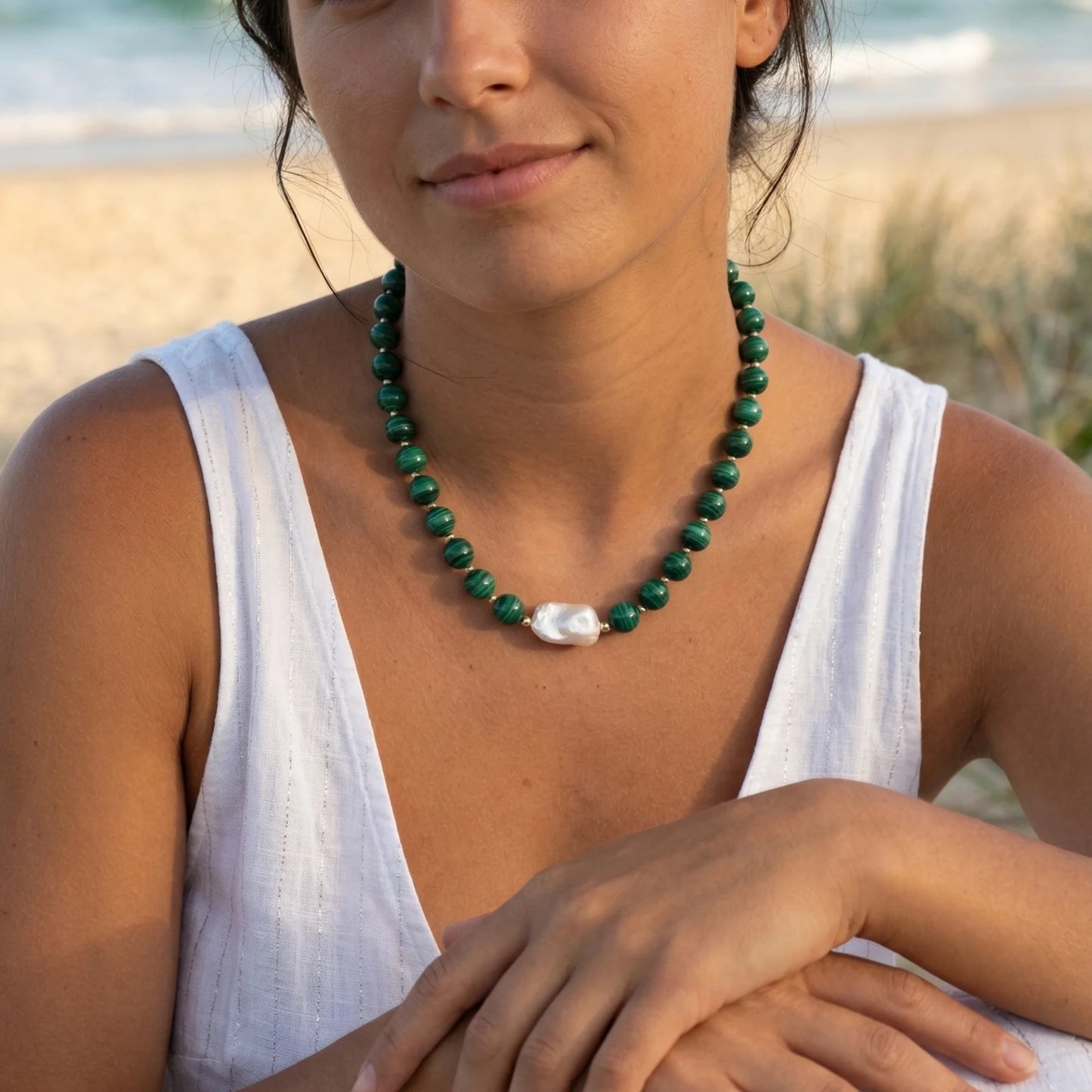 Natural malachite and 14K gold filled beaded necklace with premium freshwater baroque pearl centrepiece, hand-finished in Australia