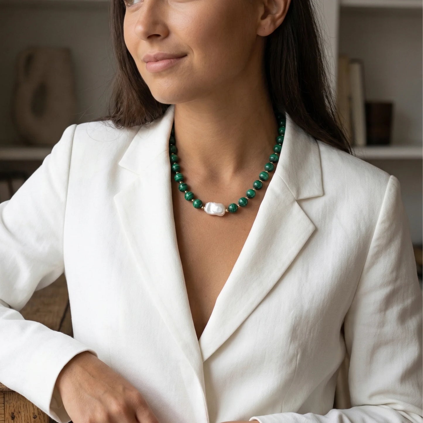 Natural malachite and 14K gold filled beaded necklace with premium freshwater baroque pearl centrepiece, hand-finished in Australia