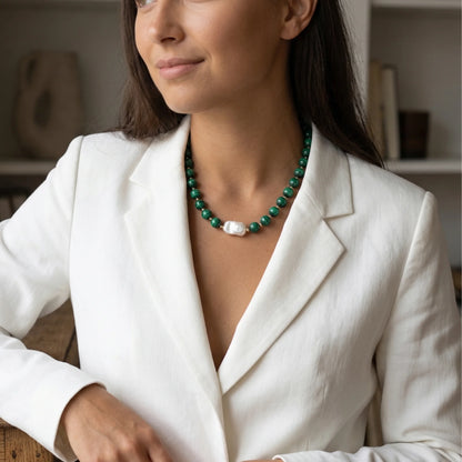 Natural malachite and 14K gold filled beaded necklace with premium freshwater baroque pearl centrepiece, hand-finished in Australia