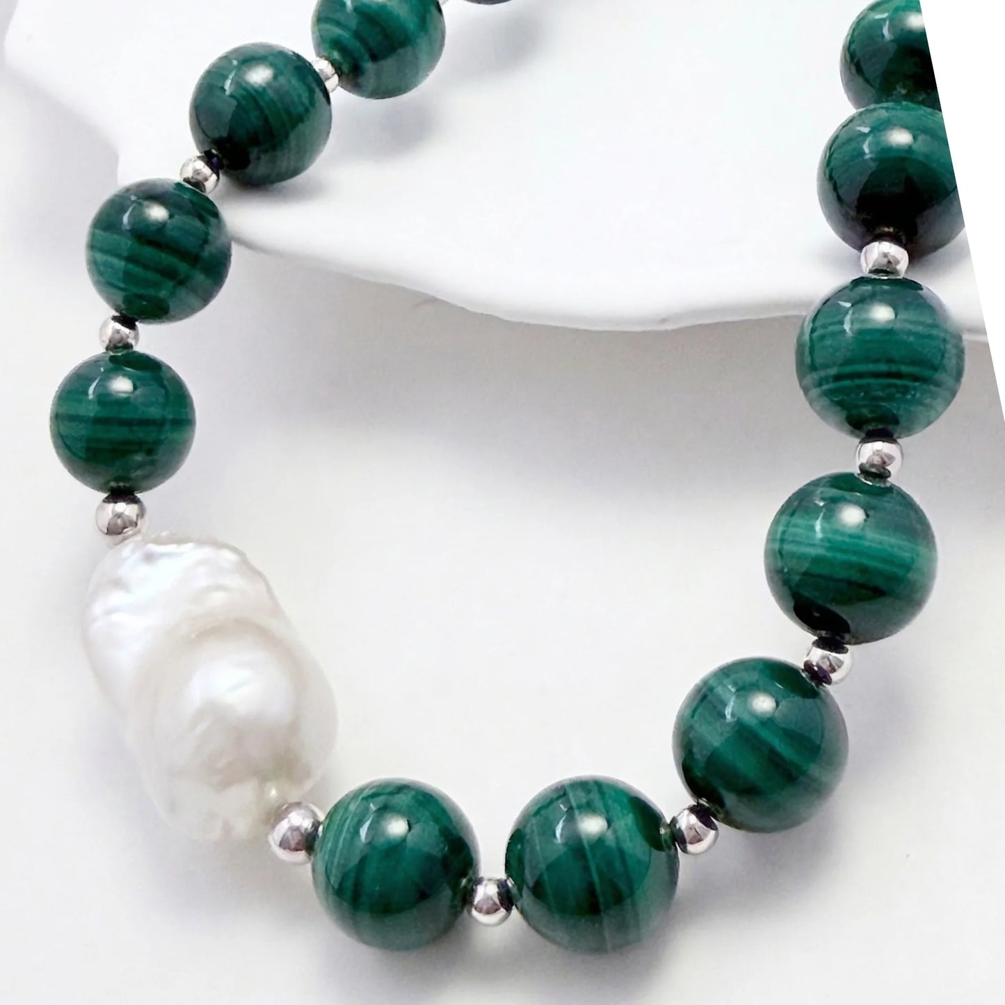 Natural malachite and 925 sterling silver beaded necklace with premium freshwater baroque pearl centrepiece, hand-finished in Australia