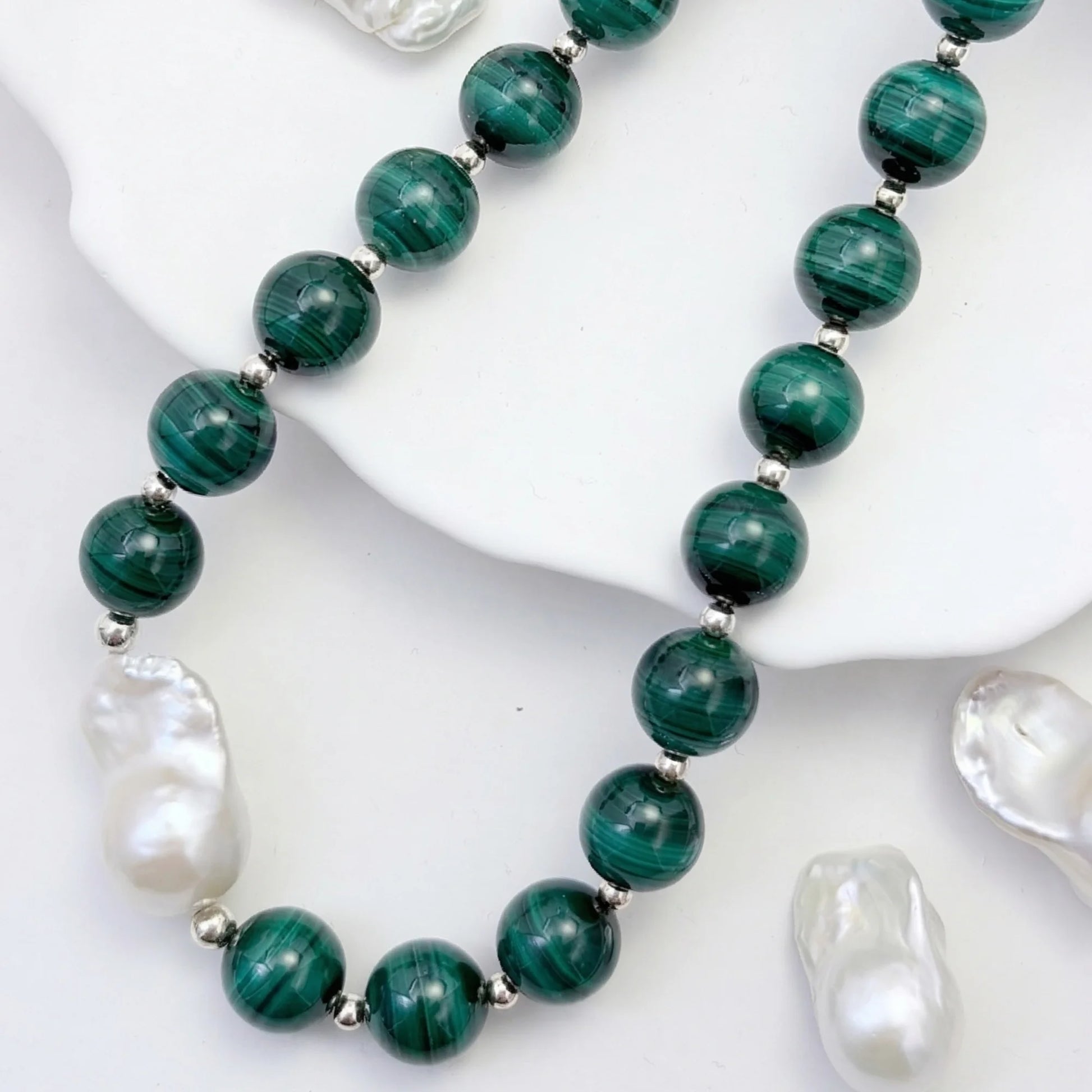 Natural malachite and 925 sterling silver beaded necklace with premium freshwater baroque pearl centrepiece, hand-finished in Australia