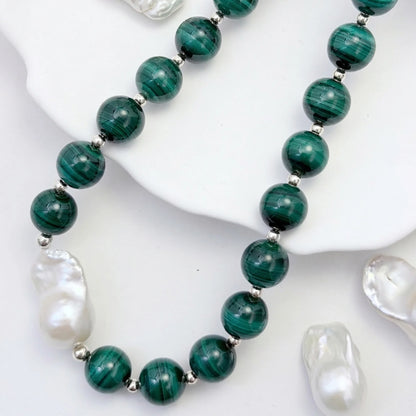 Natural malachite and 925 sterling silver beaded necklace with premium freshwater baroque pearl centrepiece, hand-finished in Australia