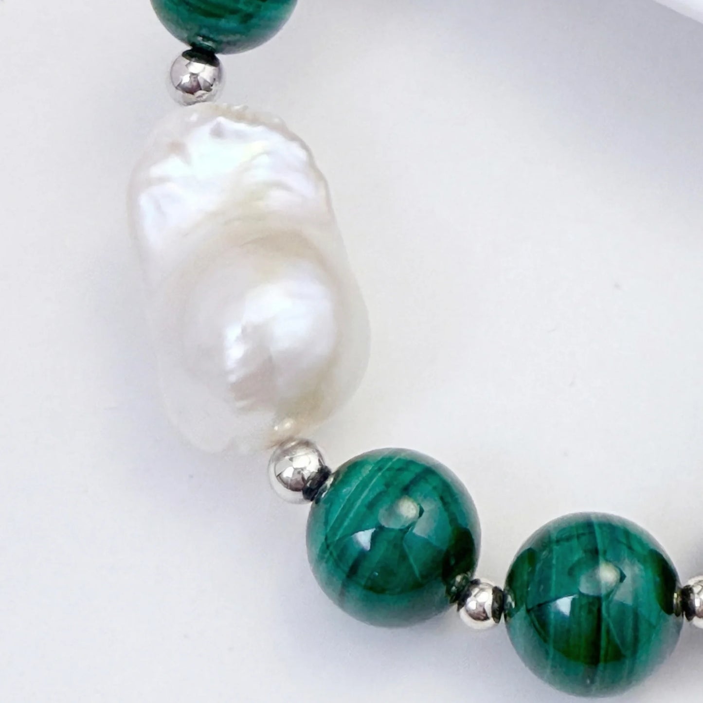 Natural malachite and 925 sterling silver beaded necklace with premium freshwater baroque pearl centrepiece, hand-finished in Australia