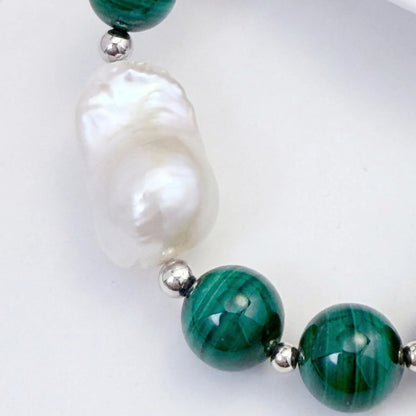 Natural malachite and 925 sterling silver beaded necklace with premium freshwater baroque pearl centrepiece, hand-finished in Australia