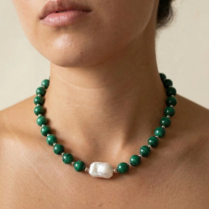 Natural malachite and 925 sterling silver beaded necklace with premium freshwater baroque pearl centrepiece, hand-finished in Australia