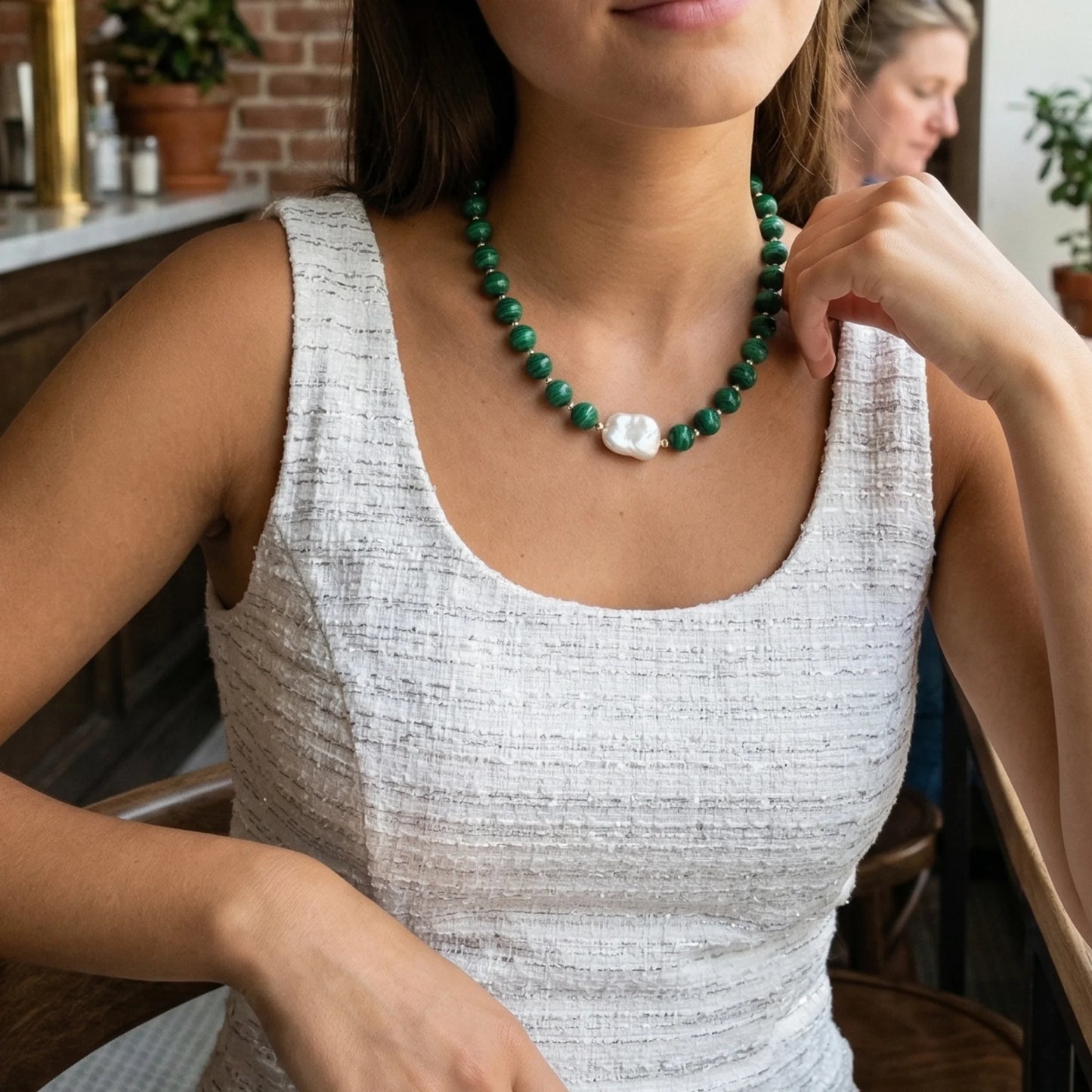 Natural malachite and 925 sterling silver beaded necklace with premium freshwater baroque pearl centrepiece, hand-finished in Australia