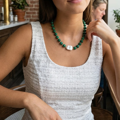 Natural malachite and 925 sterling silver beaded necklace with premium freshwater baroque pearl centrepiece, hand-finished in Australia