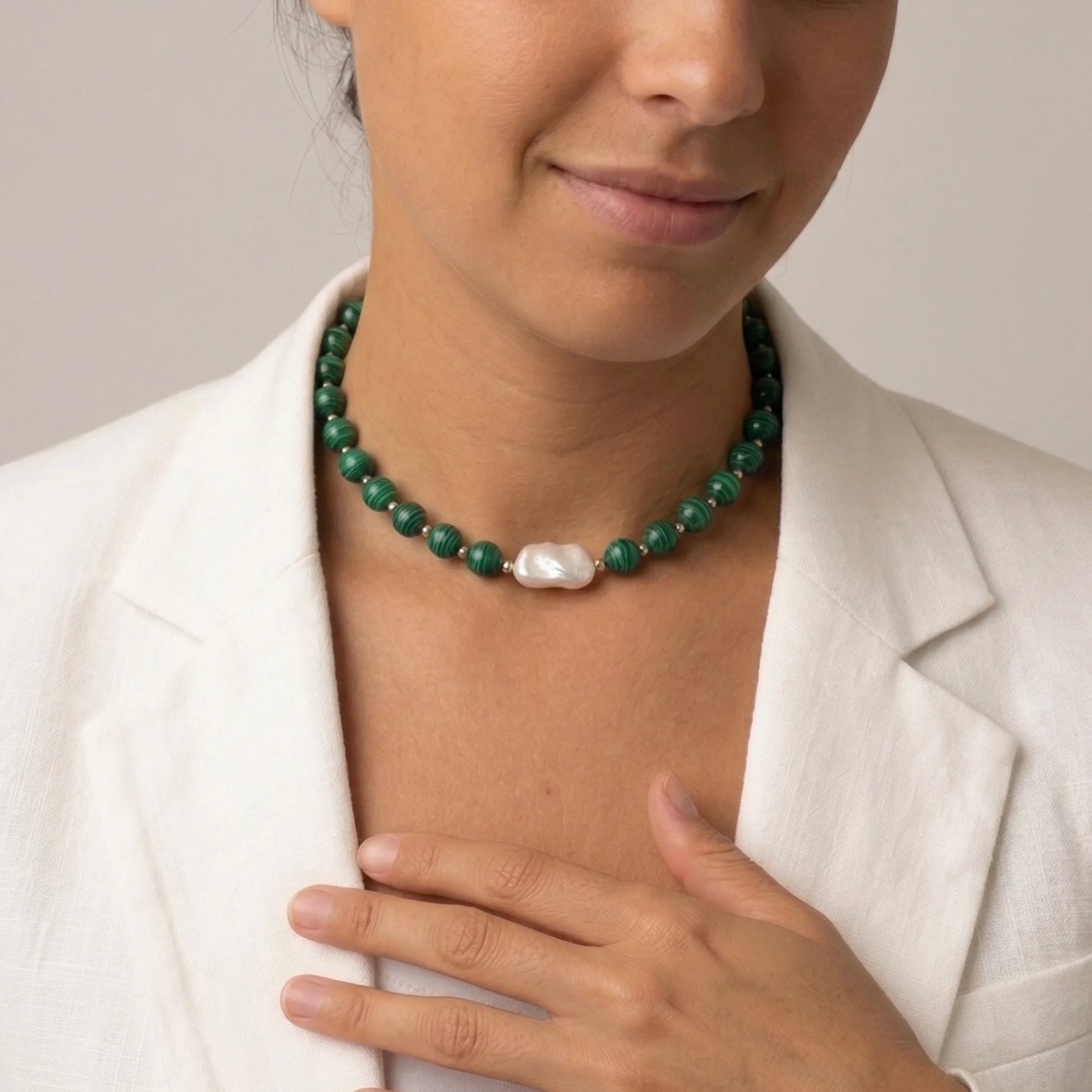 Natural malachite and 925 sterling silver beaded necklace with premium freshwater baroque pearl centrepiece, hand-finished in Australia