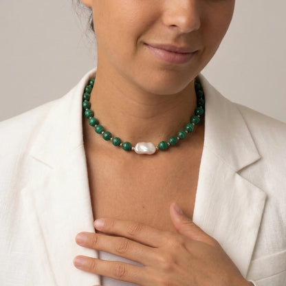 Natural malachite and 925 sterling silver beaded necklace with premium freshwater baroque pearl centrepiece, hand-finished in Australia